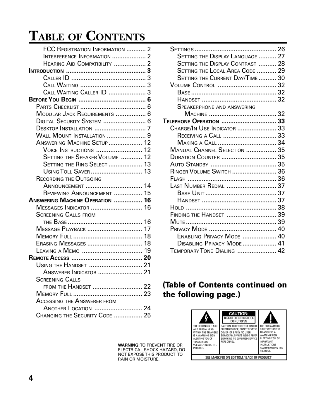 GE 26939 manual Table of Contents 