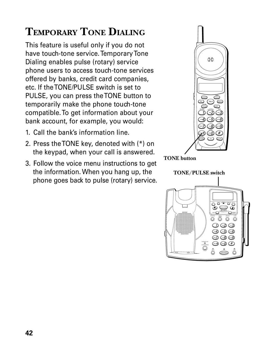 GE 26939 manual Temporary Tone Dialing, Tone button TONE/PULSE switch 