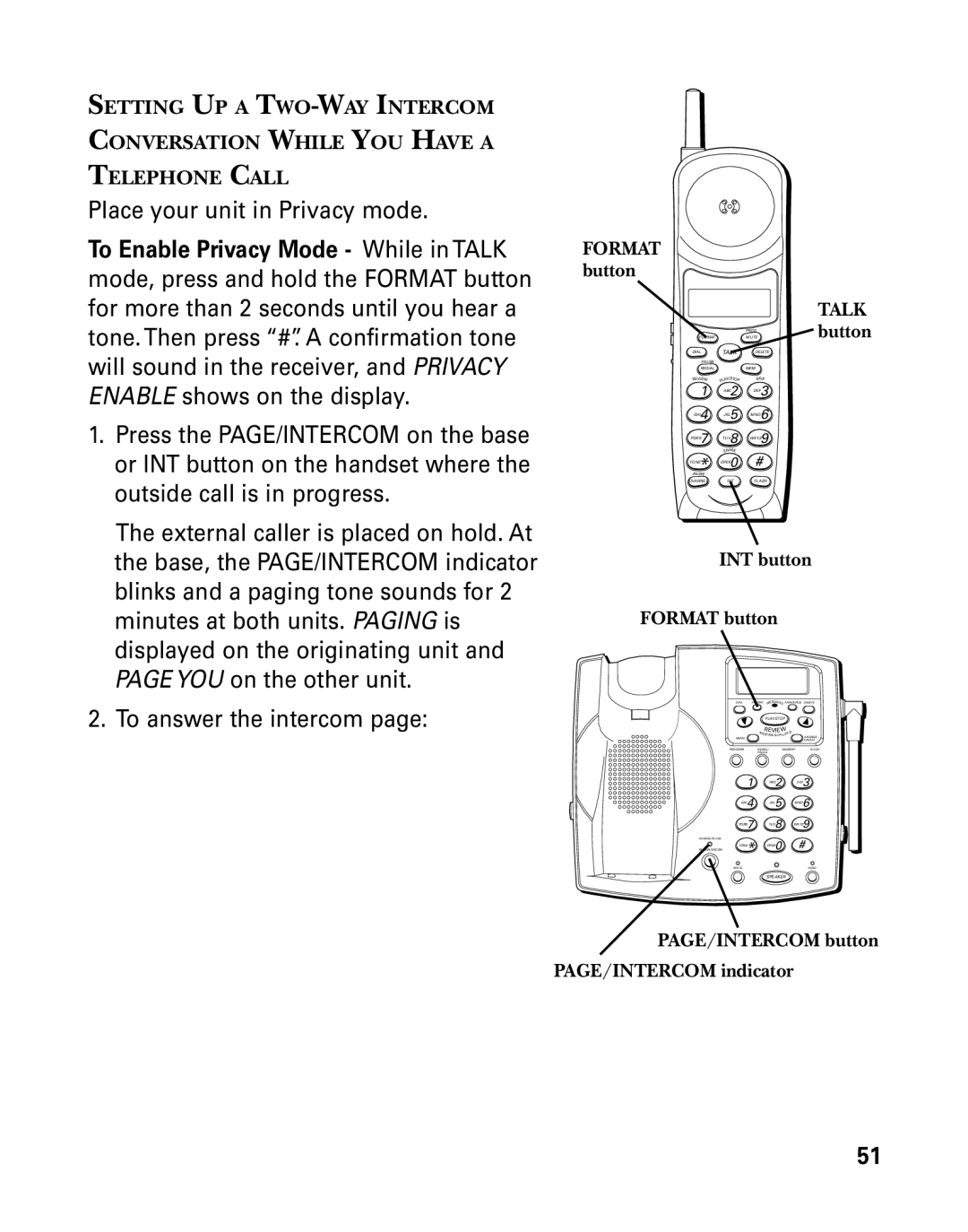 GE 26939 manual INT button Format button, PAGE/INTERCOM button PAGE/INTERCOM indicator 