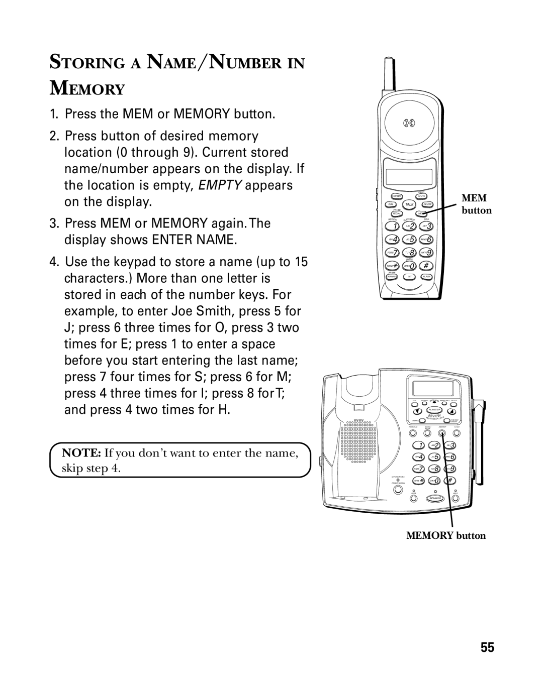 GE 26939 manual Storing a NAME/NUMBER Memory, Memory button 