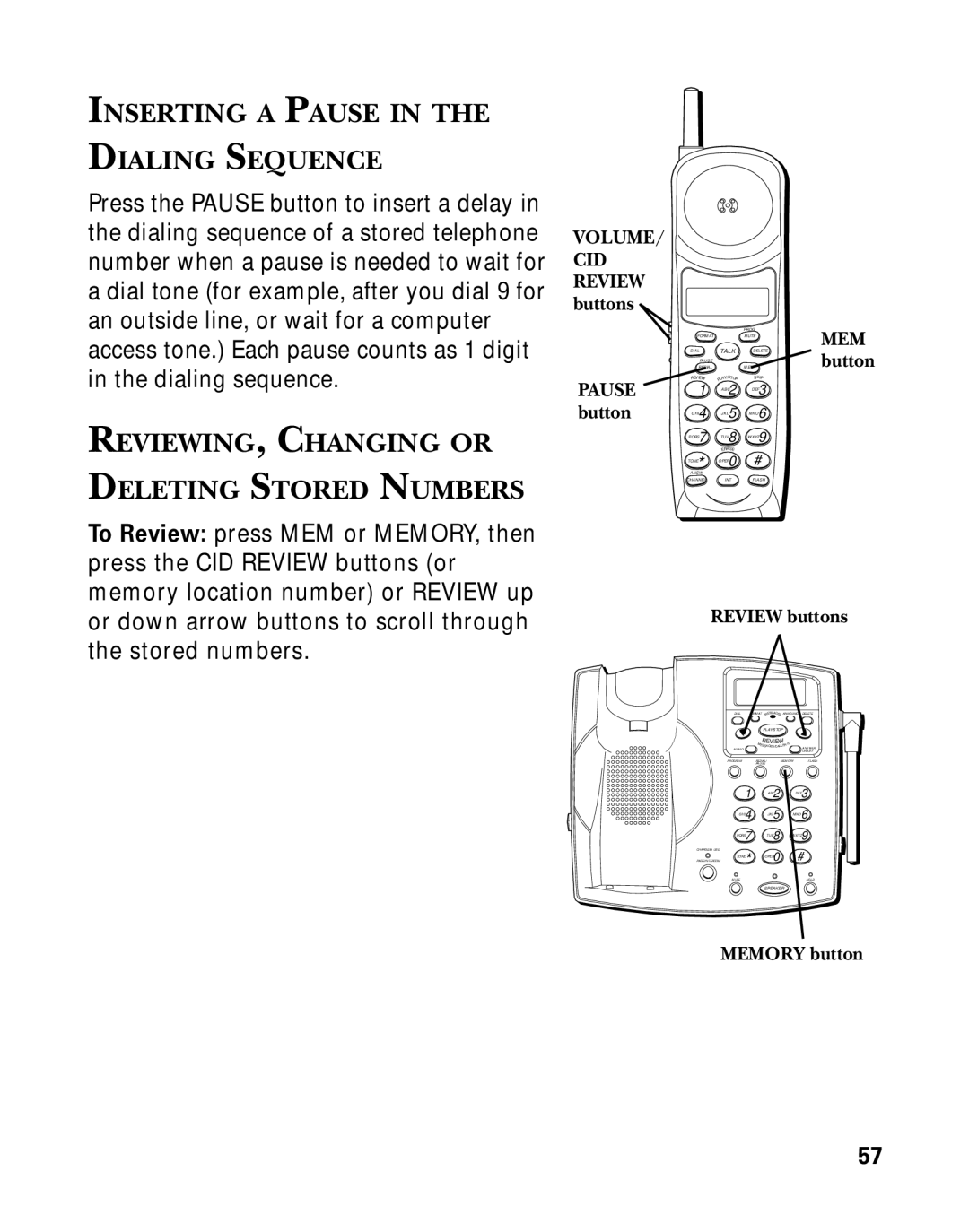 GE 26939 Inserting a Pause Dialing Sequence, REVIEWING, Changing or Deleting Stored Numbers, VOLUME/ CID Review buttons 