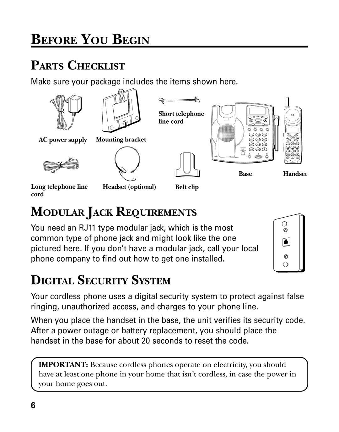 GE 26939 manual Before YOU Begin, Parts Checklist, Modular Jack Requirements, Digital Security System 