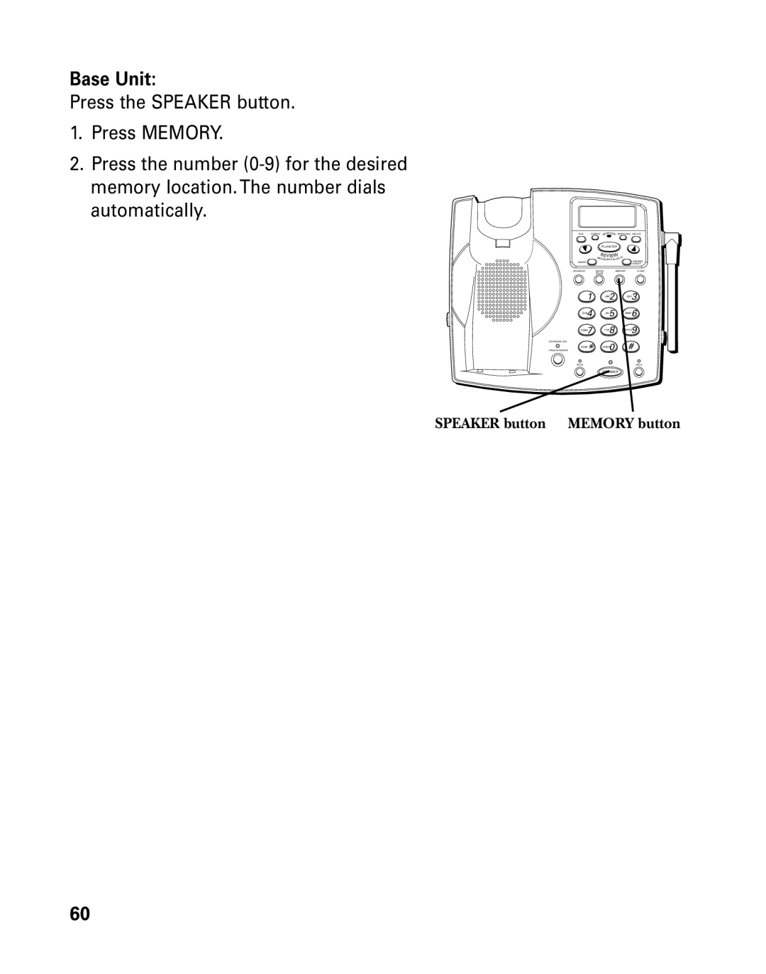 GE 26939 manual Base Unit, Speaker button Memory button 