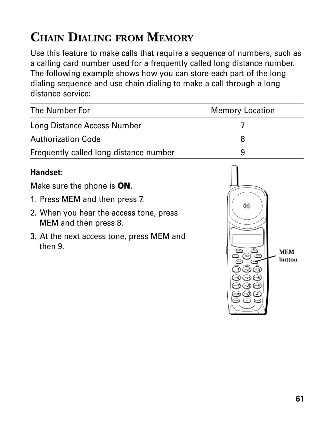 GE 26939 manual Chain Dialing from Memory, MEM button 