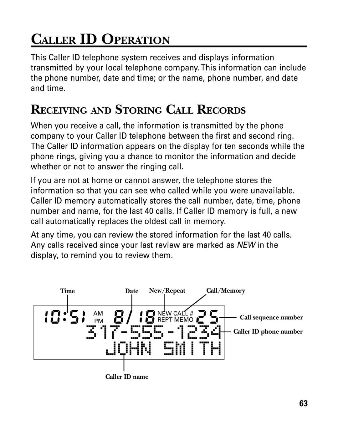 GE 26939 manual Caller ID Operation, Receiving and Storing Call Records 