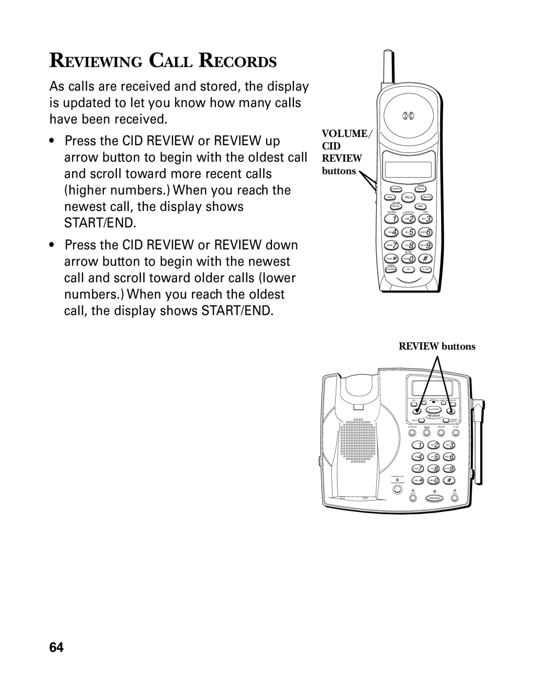 GE 26939 manual Reviewing Call Records, VOLUME/ CID Review buttons 