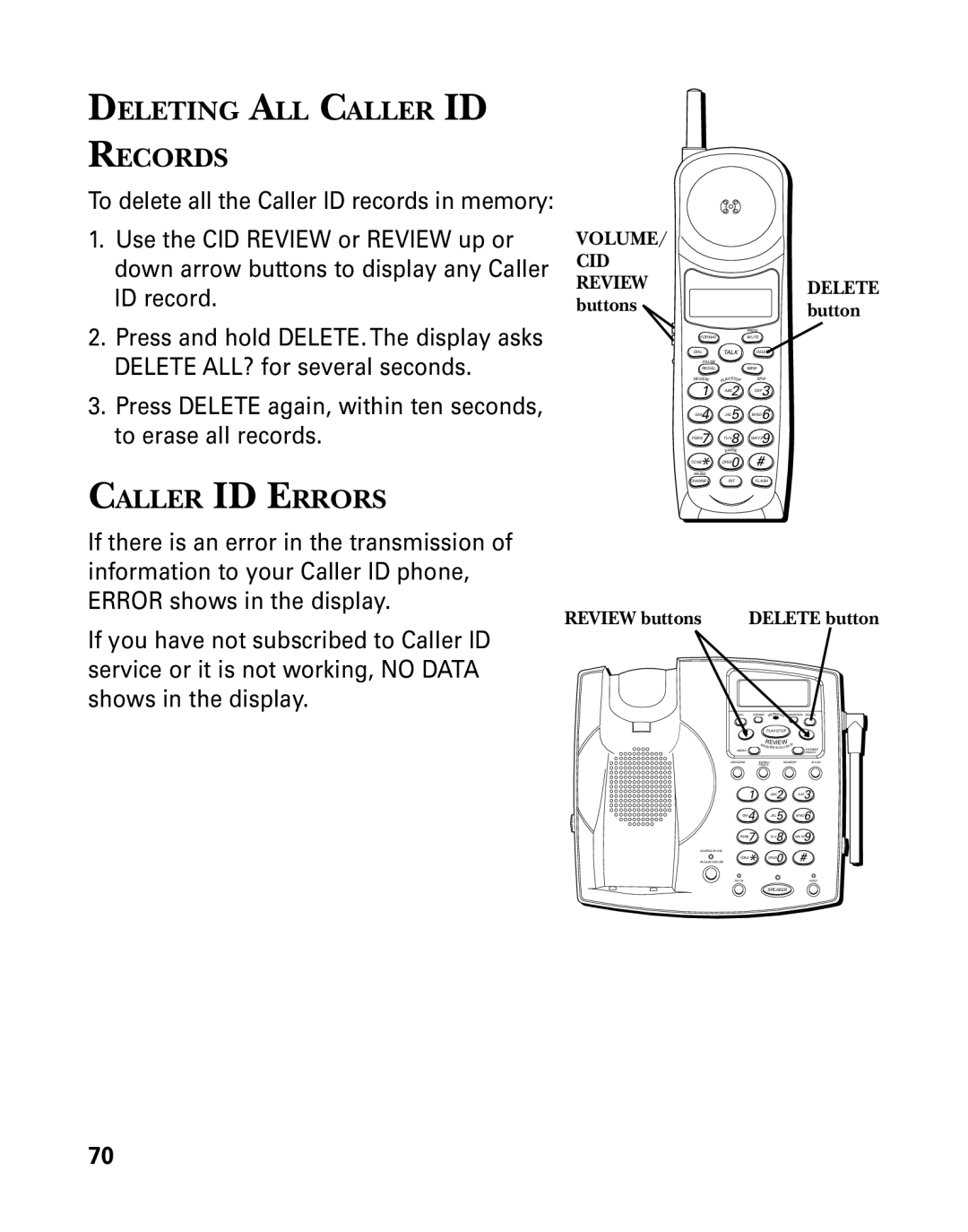 GE 26939 manual Deleting ALL Caller ID Records, Caller ID Errors 