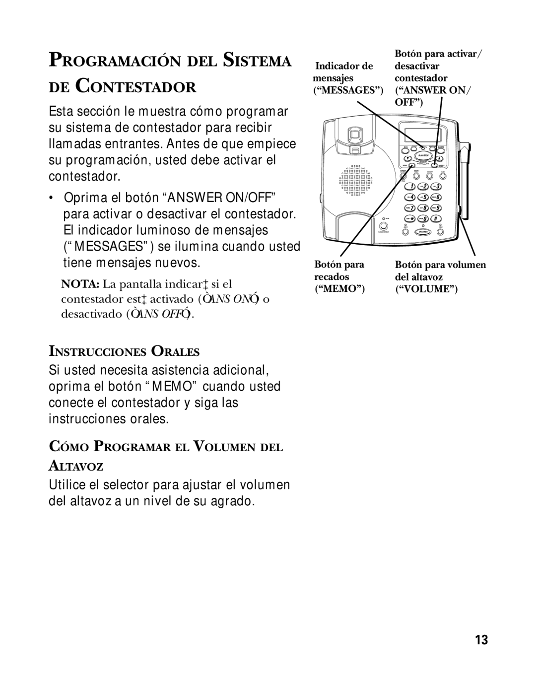 GE 26958 Programación DEL Sistema DE Contestador, Botón para activar Indicador de desactivar, Recados Del altavoz Memo 