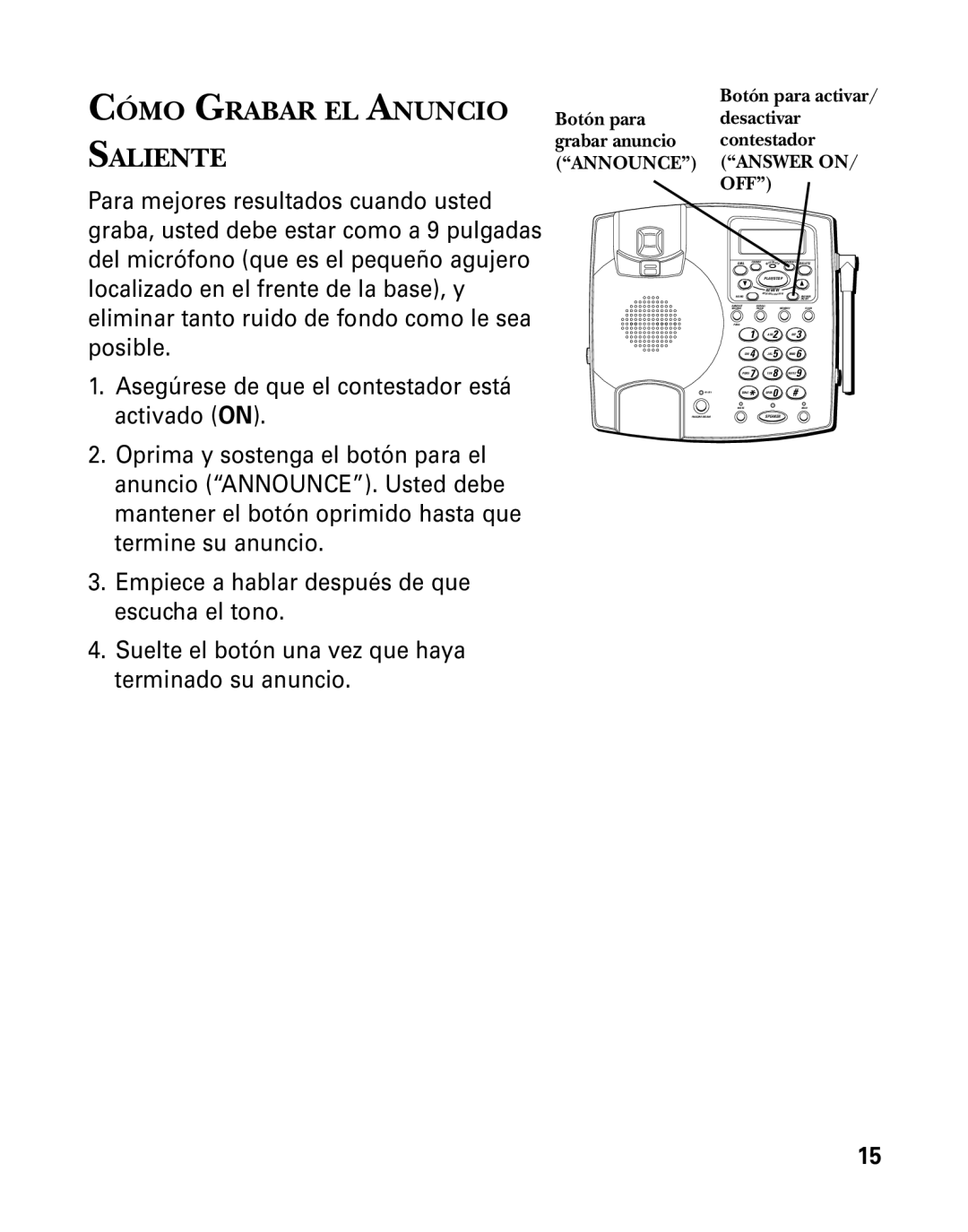 GE 26958 manual Cómo Grabar EL Anuncio Saliente, Announce Answer on OFF 