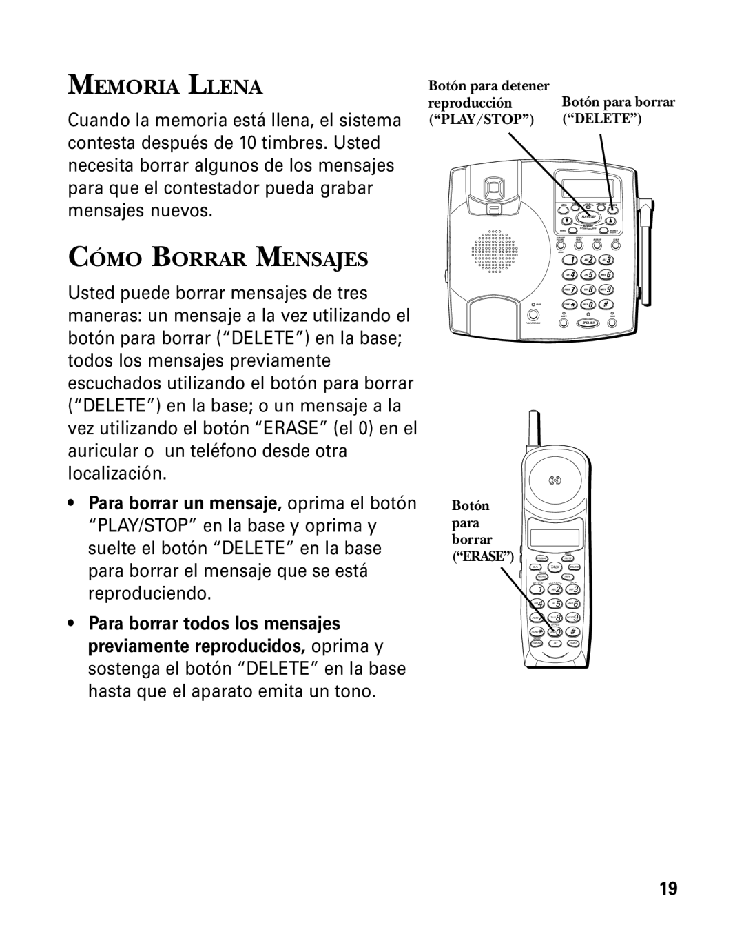 GE 26958 manual Memoria Llena, Cómo Borrar Mensajes, Botón para borrar 