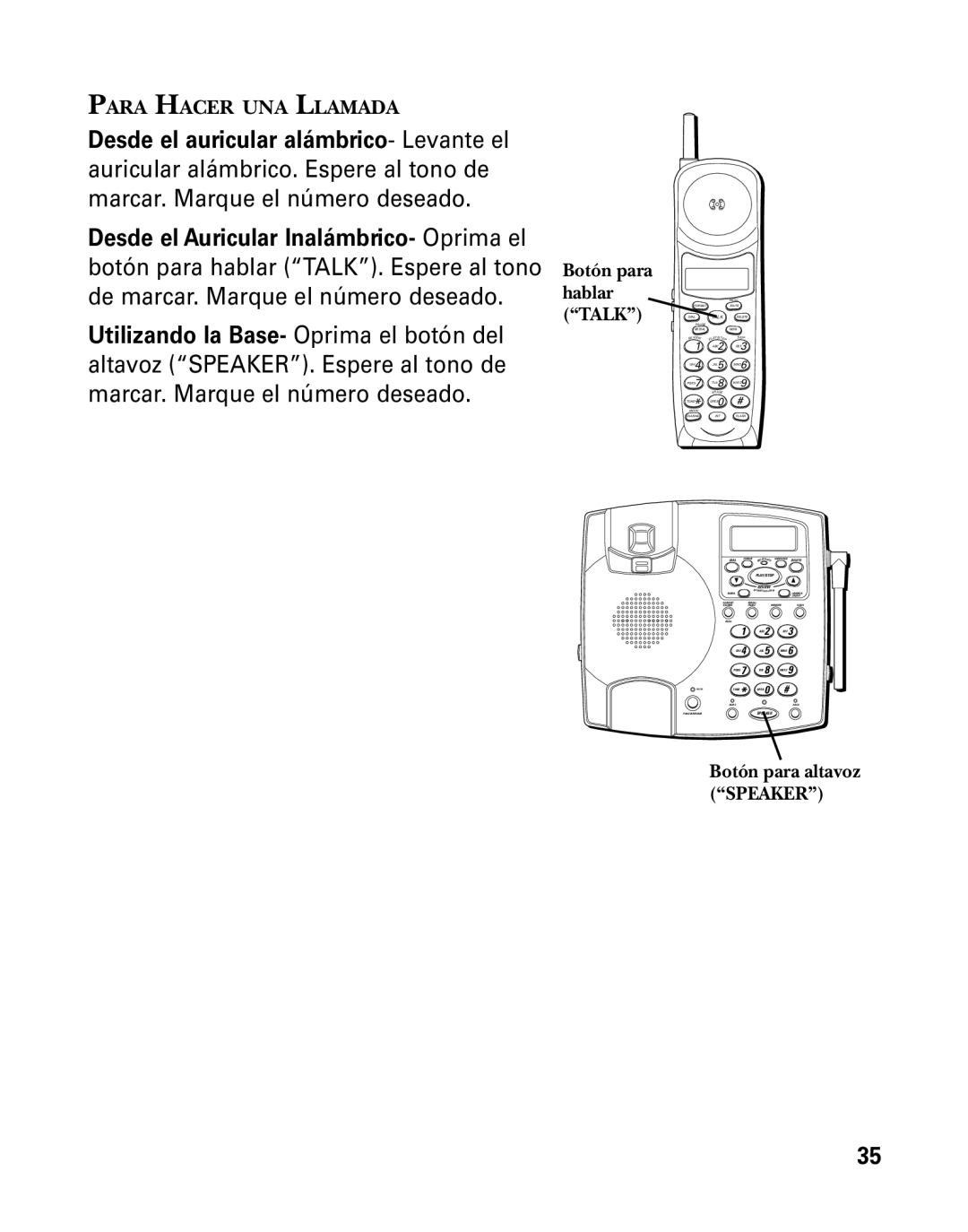 GE 26958 manual Botón para hablar Talk, Botón para altavoz Speaker 