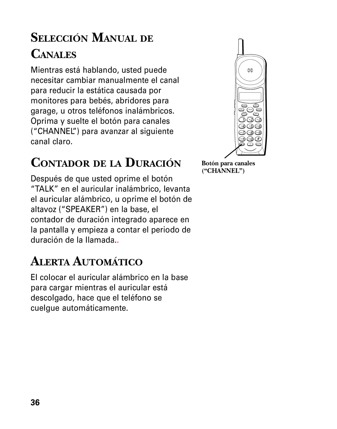 GE 26958 manual Selección Manual DE Canales, Contador DE LA Duración, Alerta Automático, Botón para canales Channel 