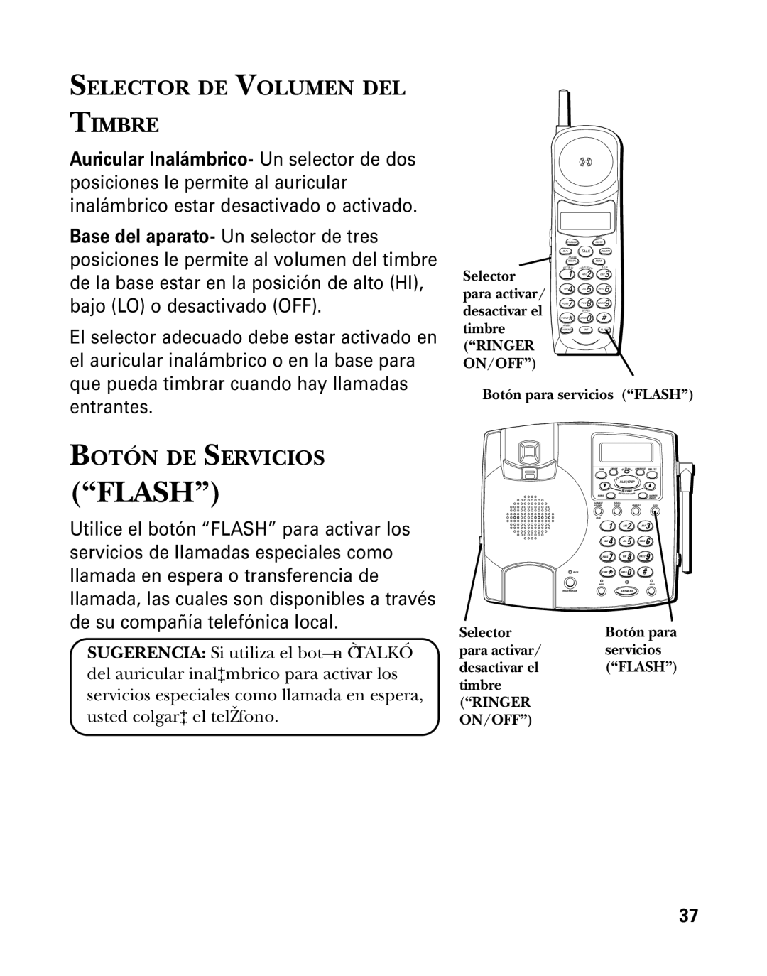 GE 26958 manual Selector DE Volumen DEL Timbre, Botón DE Servicios, Botón para servicios Flash 