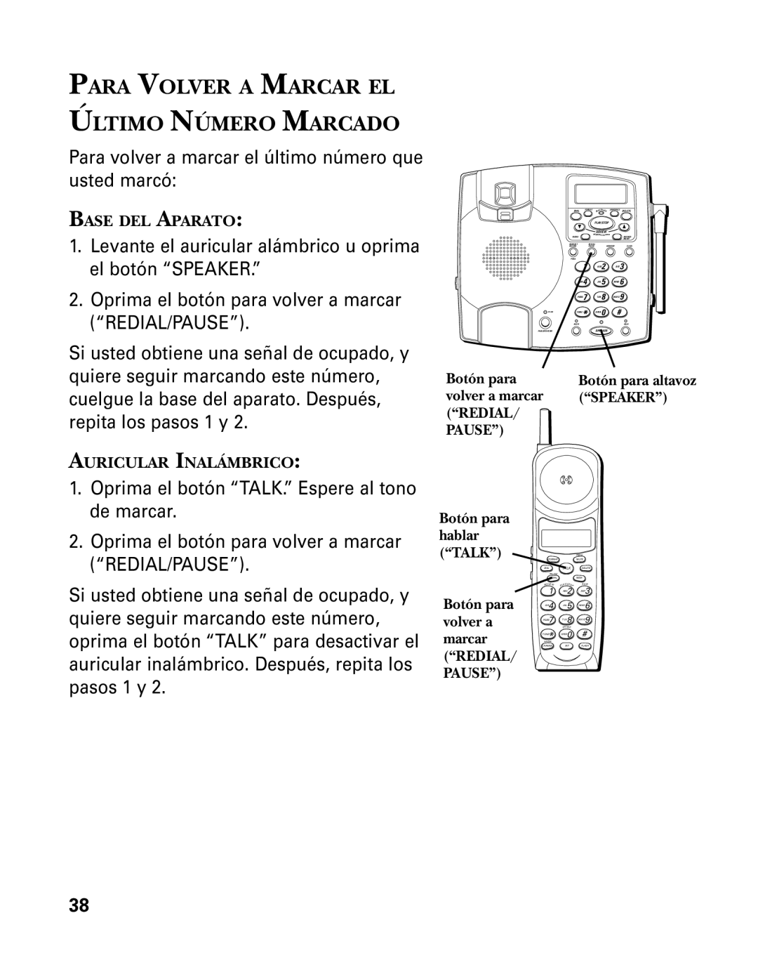 GE 26958 manual Para Volver a Marcar EL Último Número Marcado, Volver a marcar, Botón para altavoz 