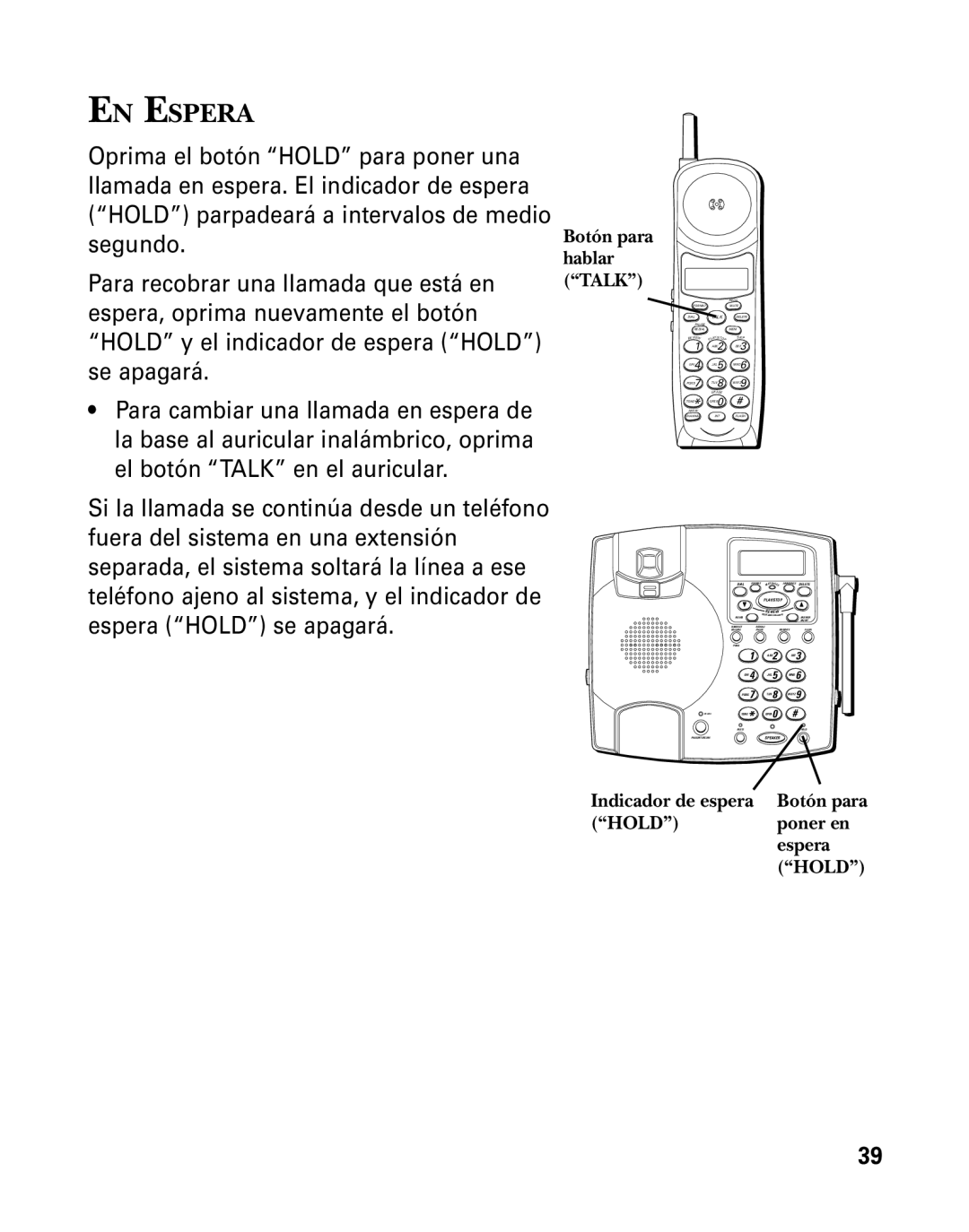 GE 26958 manual EN Espera, Indicador de espera, Hold Poner en Espera 