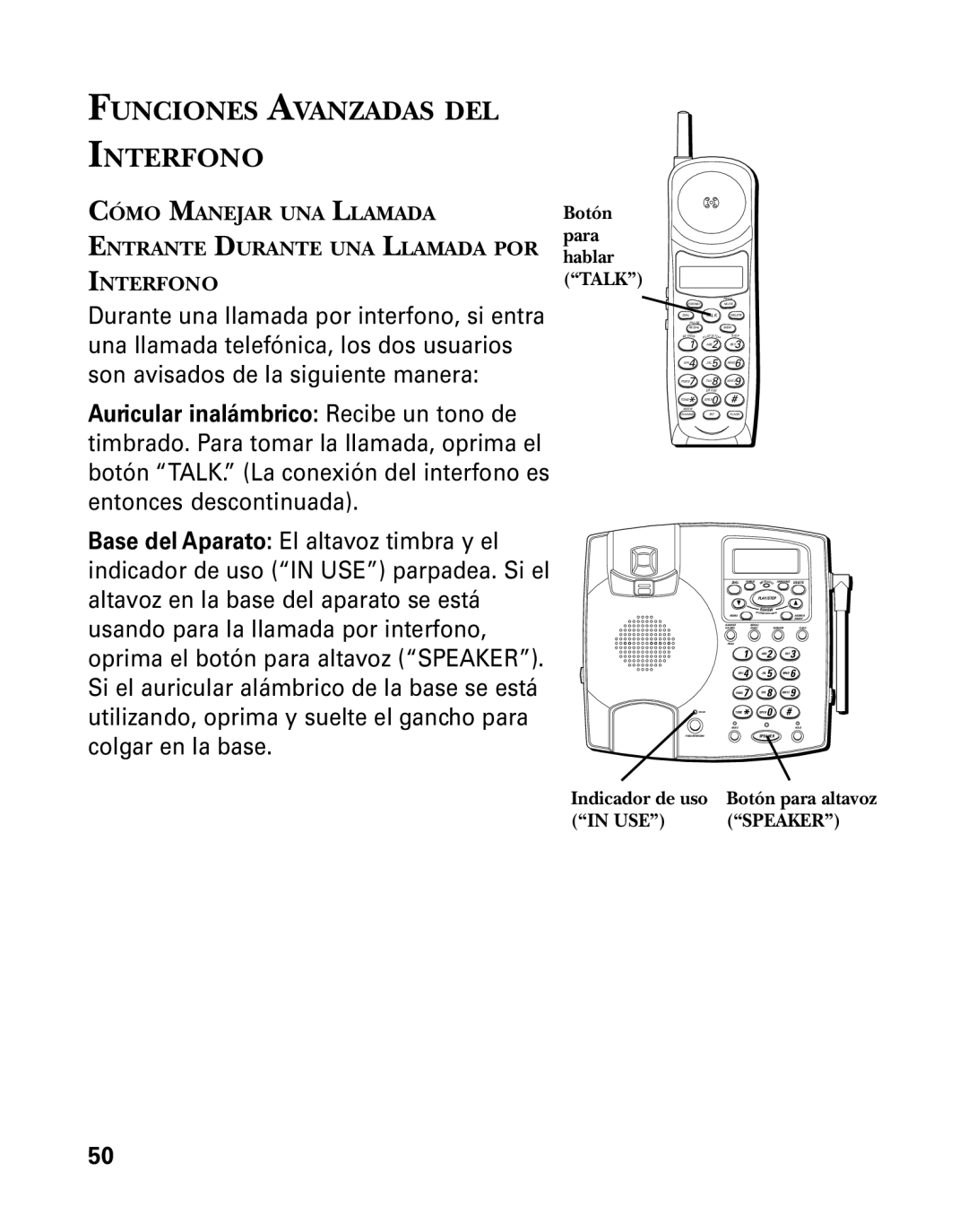 GE 26958 manual Funciones Avanzadas DEL Interfono, Botón para hablar Talk, Indicador de uso, Use 