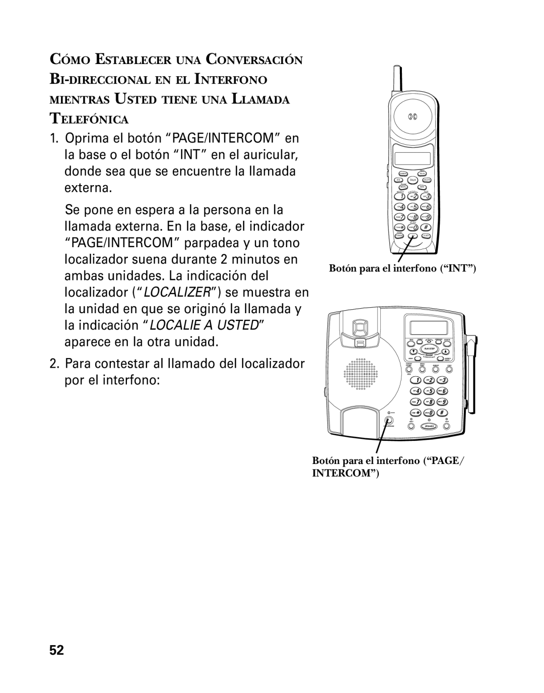 GE 26958 manual Botón para el interfono INT, Botón para el interfono PAGE/ Intercom 