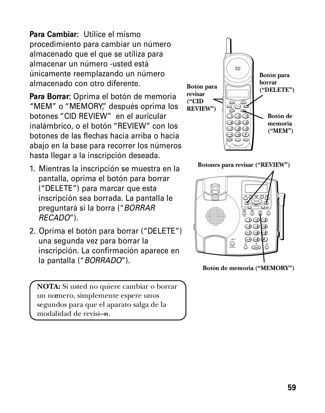 GE 26958 manual Botón para borrar Delete Botón de memoria MEM 