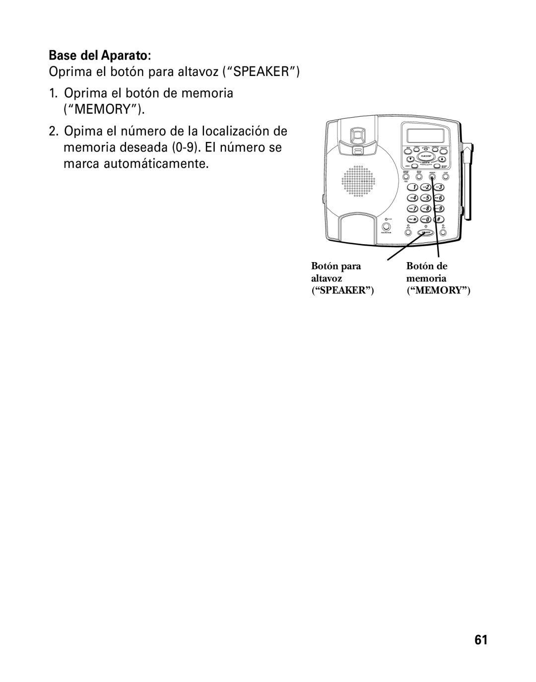 GE 26958 manual Base del Aparato, Botón para Botón de Altavoz Memoria 