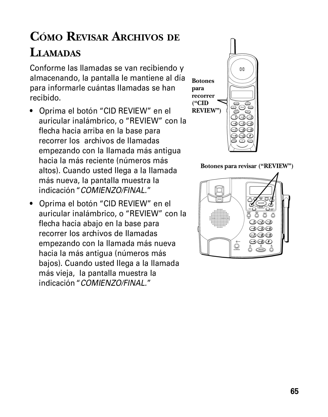 GE 26958 manual Cómo Revisar Archivos DE Llamadas, Botones para revisar Review 