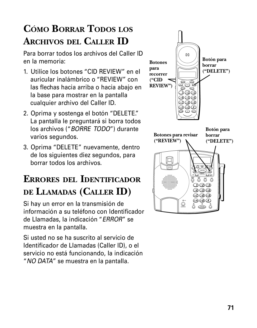 GE 26958 manual Cómo Borrar Todos LOS Archivos DEL Caller ID, Errores DEL Identificador DE Llamadas Caller ID 