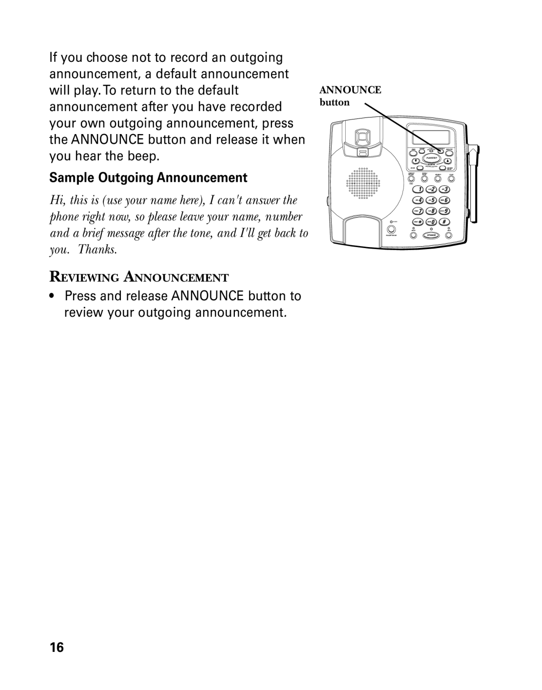 GE 26958 manual Sample Outgoing Announcement, Announce button 