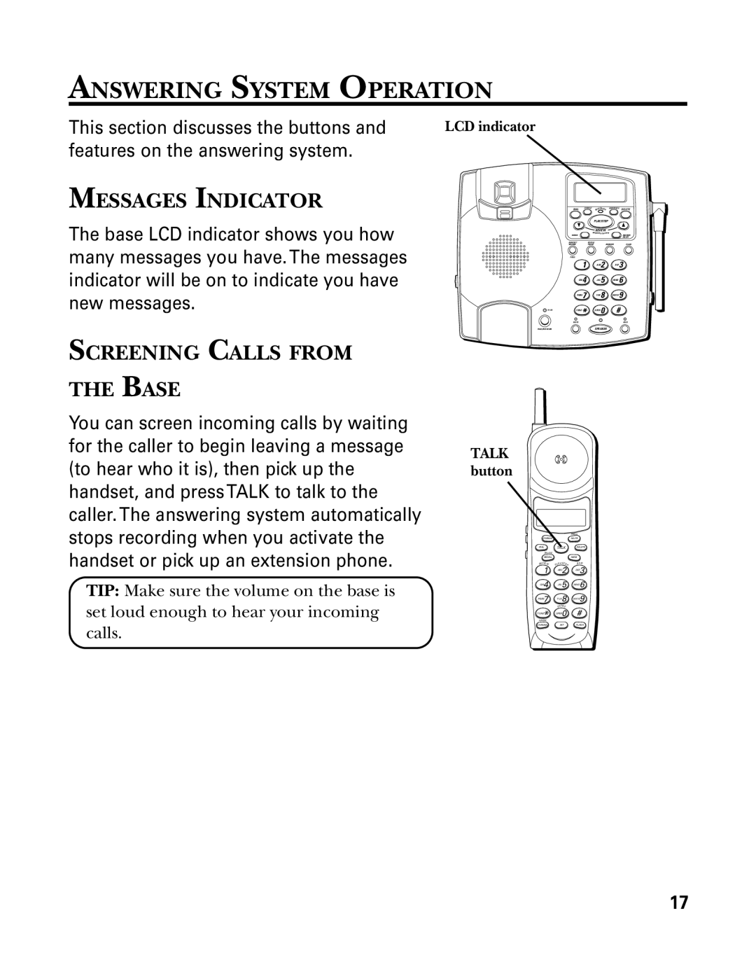 GE 26958 manual Answering System Operation, Messages Indicator, Screening Calls from Base, LCD indicator, Talk button 