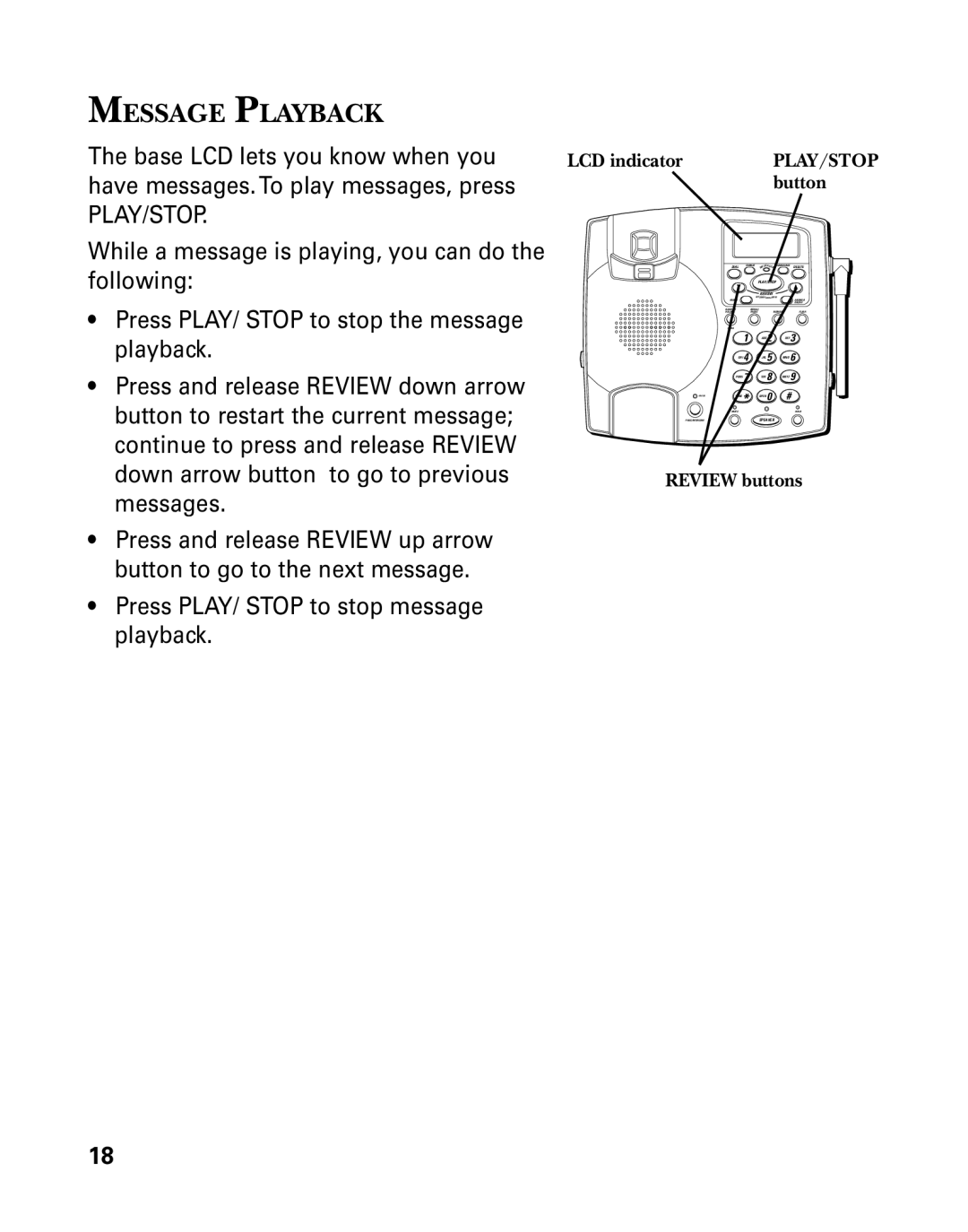 GE 26958 manual Message Playback, Review buttons 