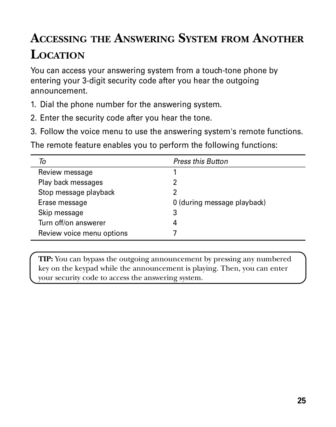 GE 26958 manual Accessing the Answering System from Another Location 