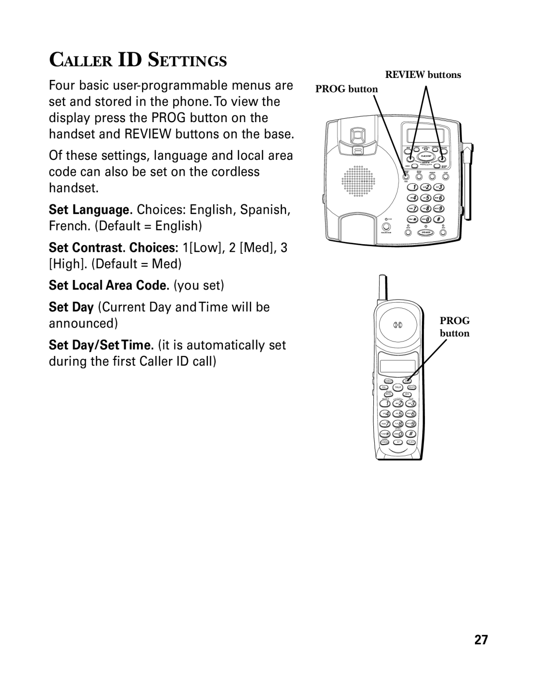 GE 26958 manual Caller ID Settings, Review buttons Prog button 