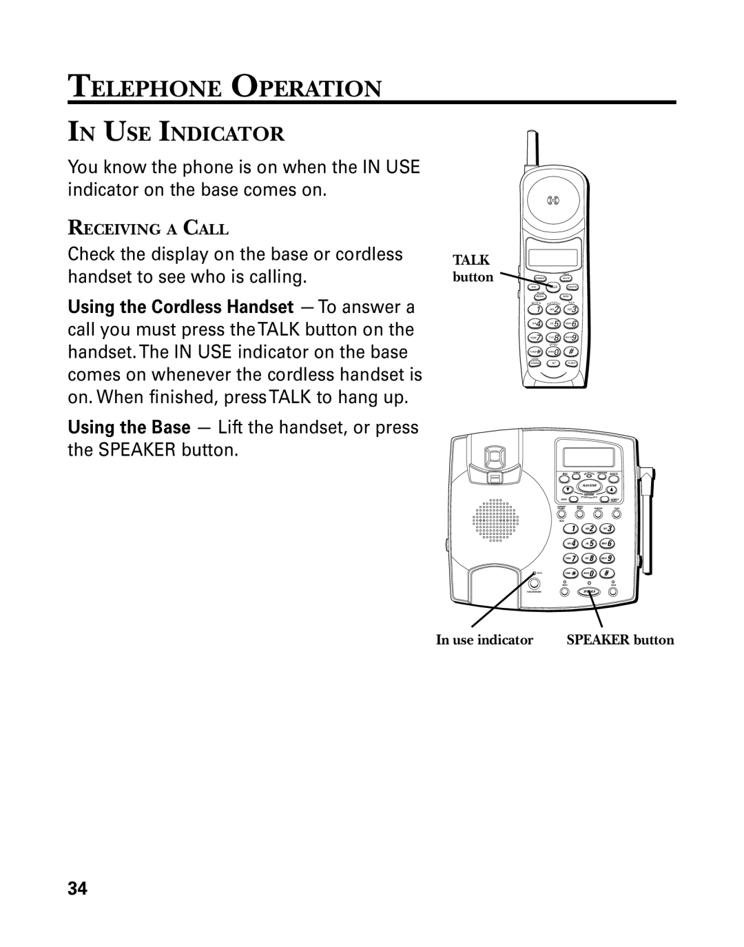 GE 26958 manual Telephone Operation, USE Indicator, Use indicator, Talk button 