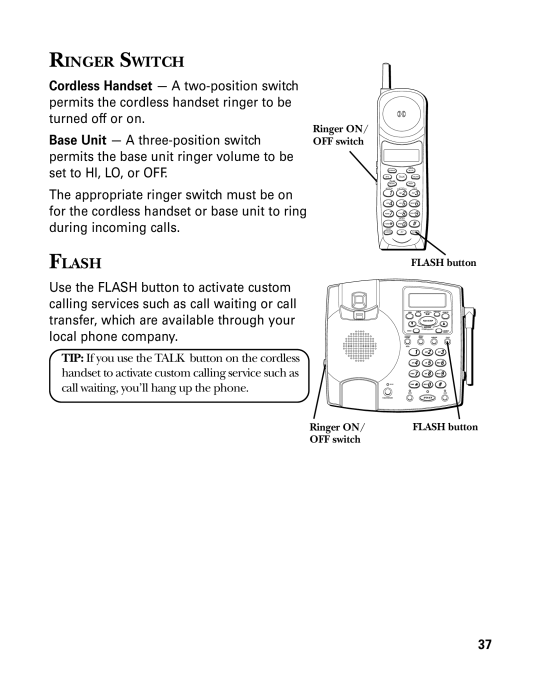 GE 26958 manual Ringer Switch, Ringer on, Flash button, OFF switch 