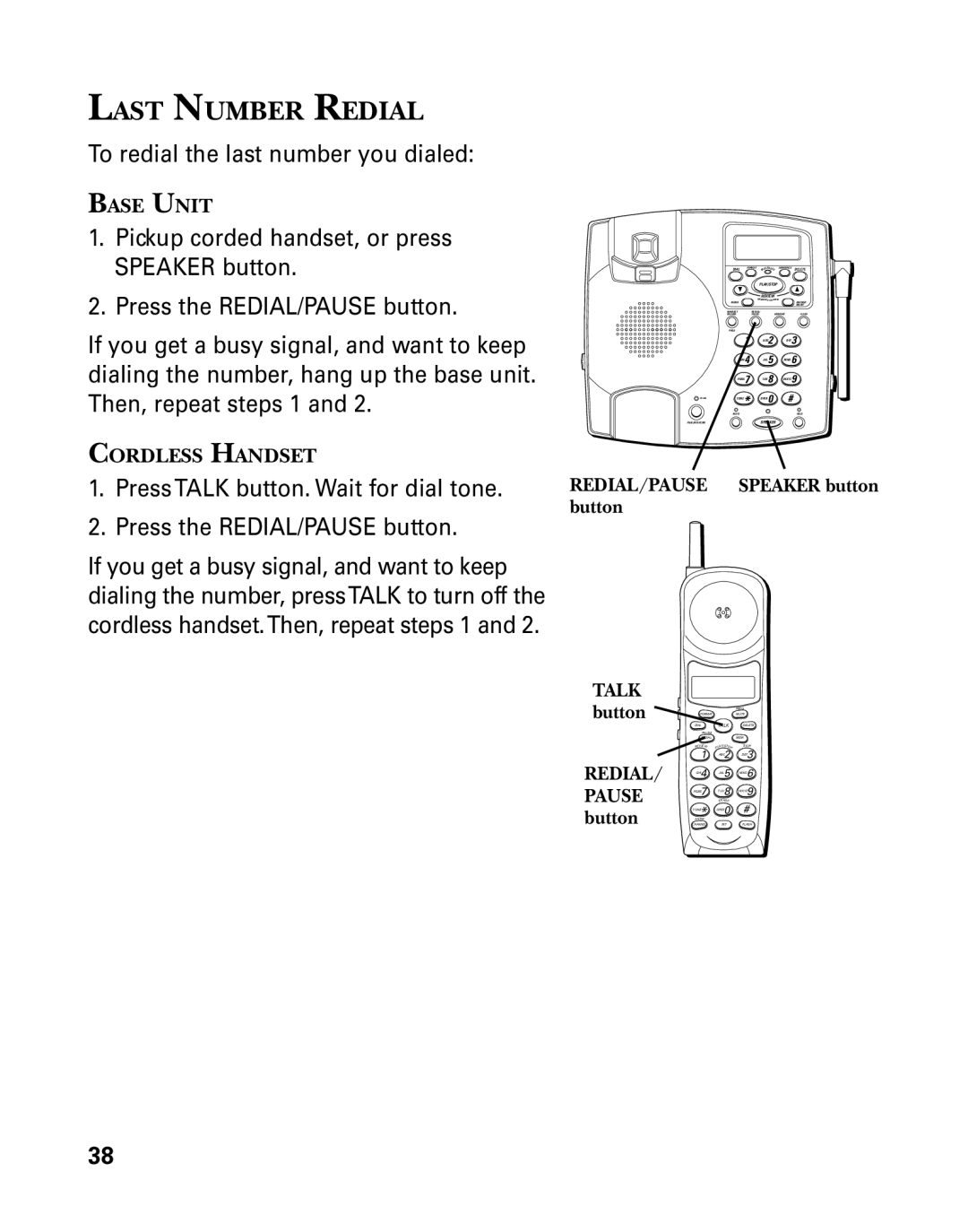 GE 26958 manual Last Number Redial, REDIAL/PAUSE Speaker button button, REDIAL/ Pause button 