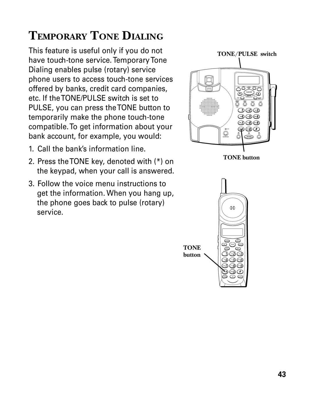 GE 26958 manual Temporary Tone Dialing, TONE/PULSE switch, Tone button 