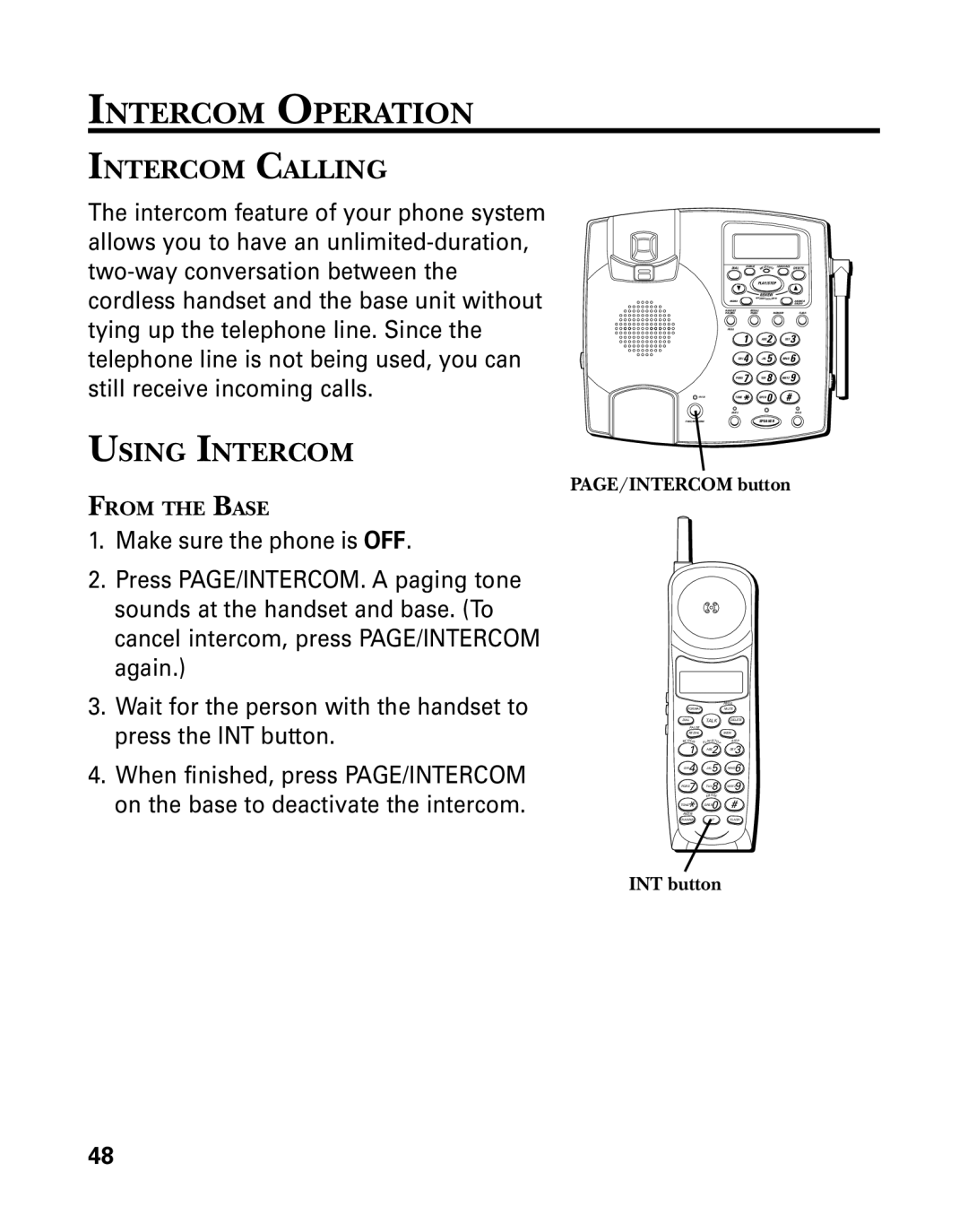 GE 26958 manual Intercom Operation, Intercom Calling, Using Intercom, PAGE/INTERCOM button, INT button 