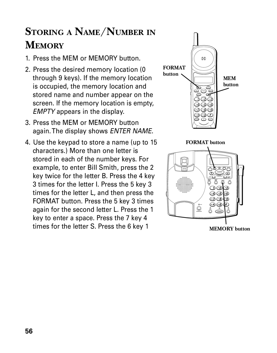 GE 26958 manual Storing a NAME/NUMBER Memory, Memory button 