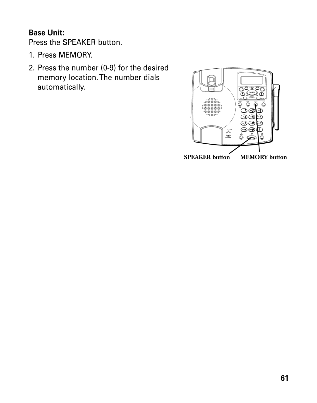 GE 26958 manual Base Unit, Speaker button Memory button 