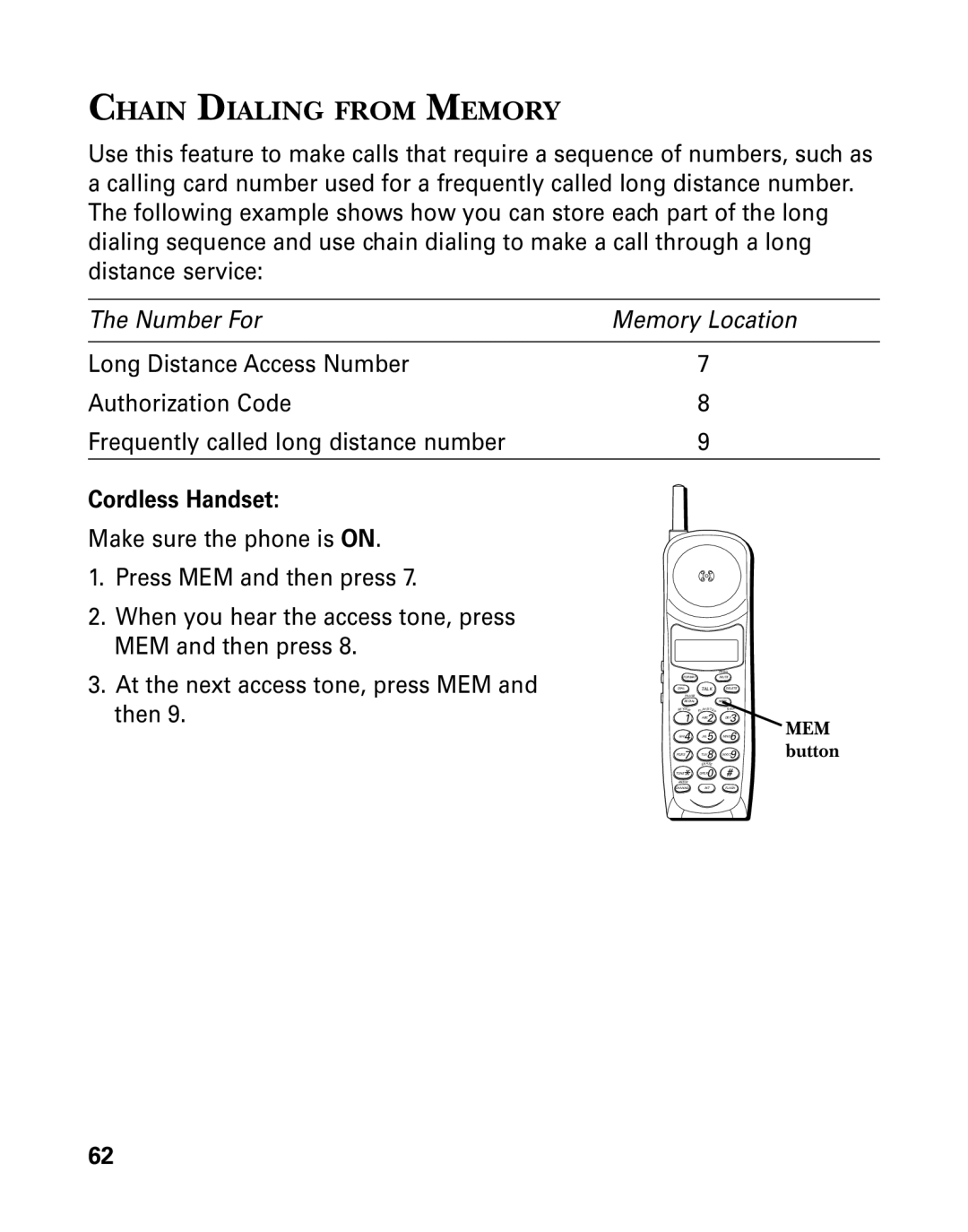 GE 26958 manual Chain Dialing from Memory, Memory Location 