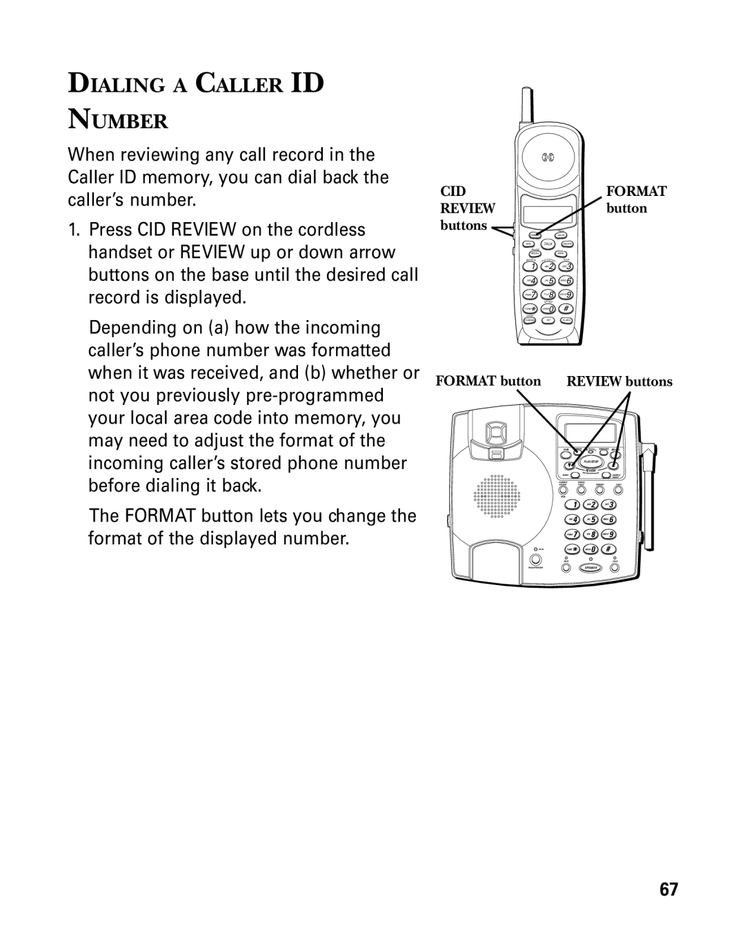 GE 26958 manual Dialing a Caller ID Number, Format button Review buttons 