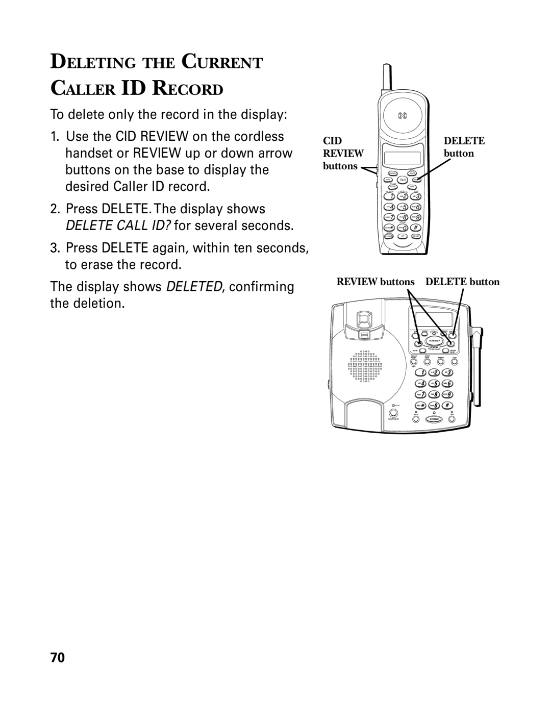 GE 26958 manual Deleting the Current Caller ID Record, Review buttons 