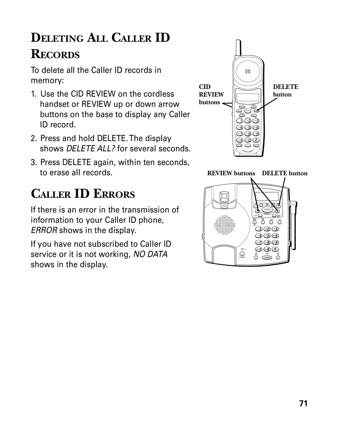 GE 26958 manual Deleting ALL Caller ID Records, Caller ID Errors, Review buttons Delete button 