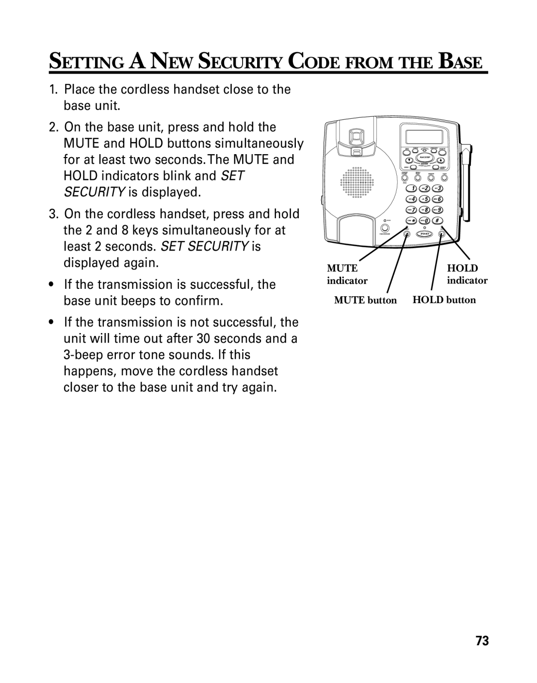 GE 26958 manual Setting a NEW Security Code from the Base, Indicator, Mute button Hold button 