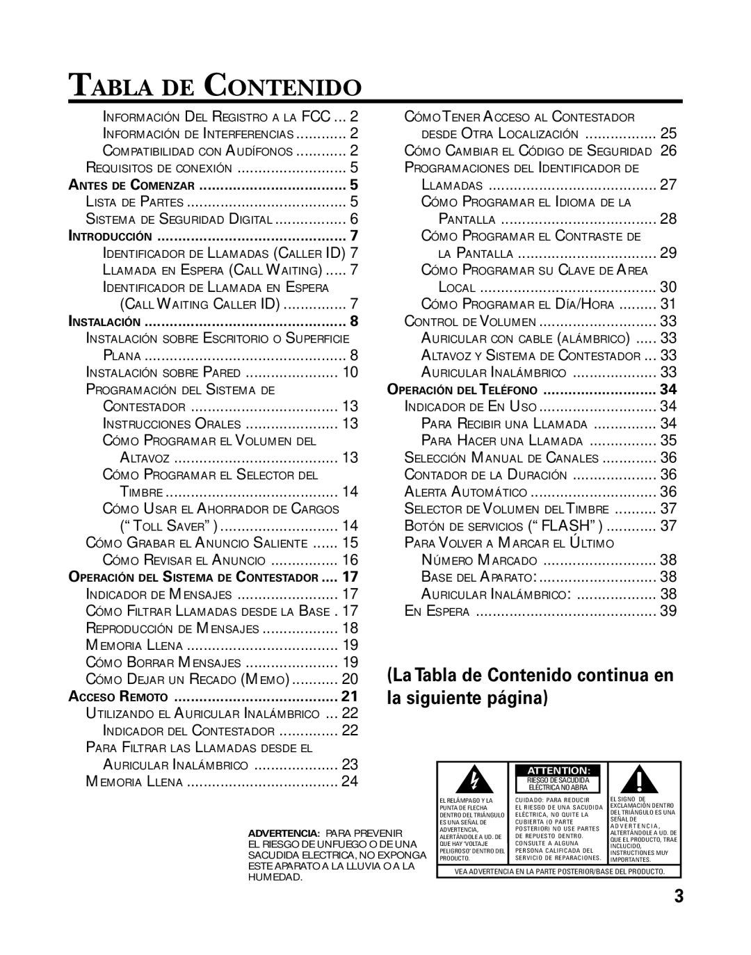 GE 26958 manual Tabla DE Contenido, La siguiente página 