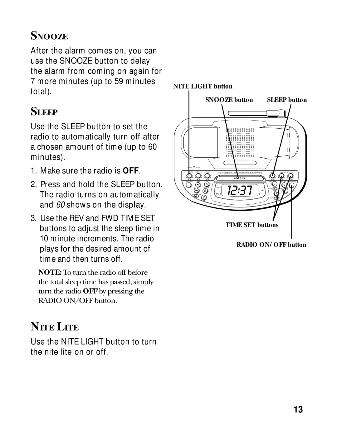 GE 26981, 26980 manual Snooze, Sleep, Nite Lite 