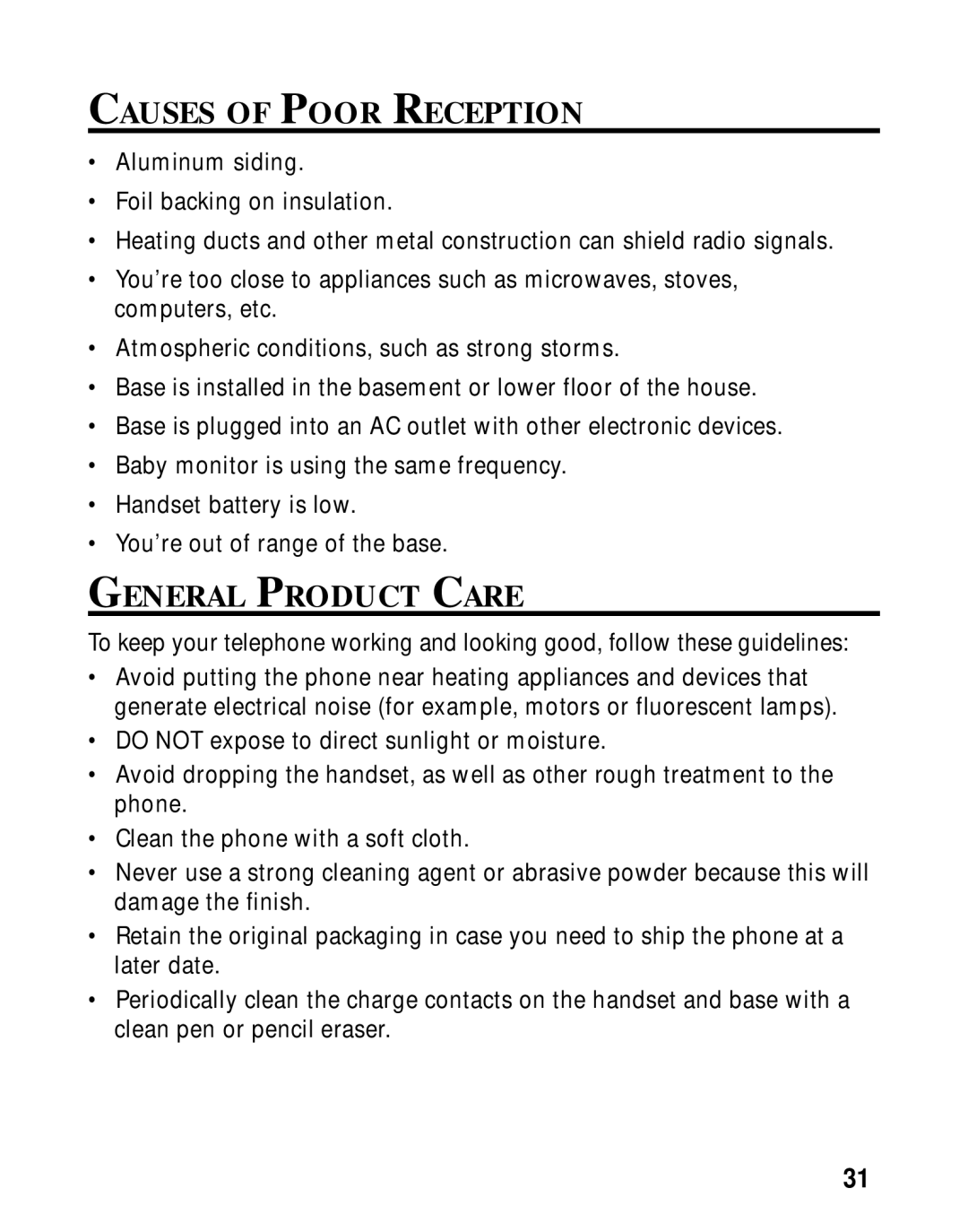 GE 26981, 26980 manual Causes of Poor Reception, General Product Care 