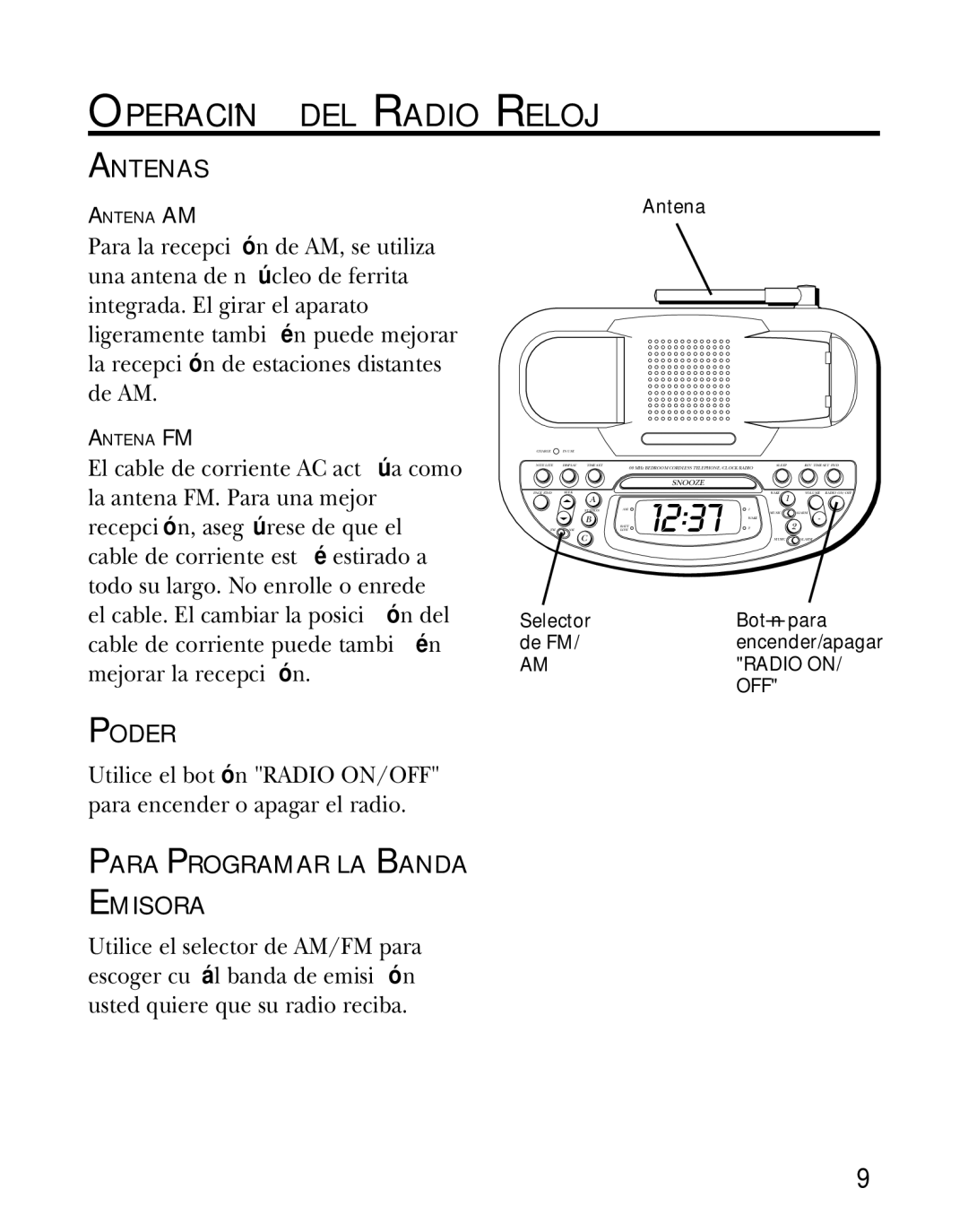 GE 26981, 26980 manual Operación DEL Radio Reloj, Antenas, Poder, Para Programar LA Banda Emisora 