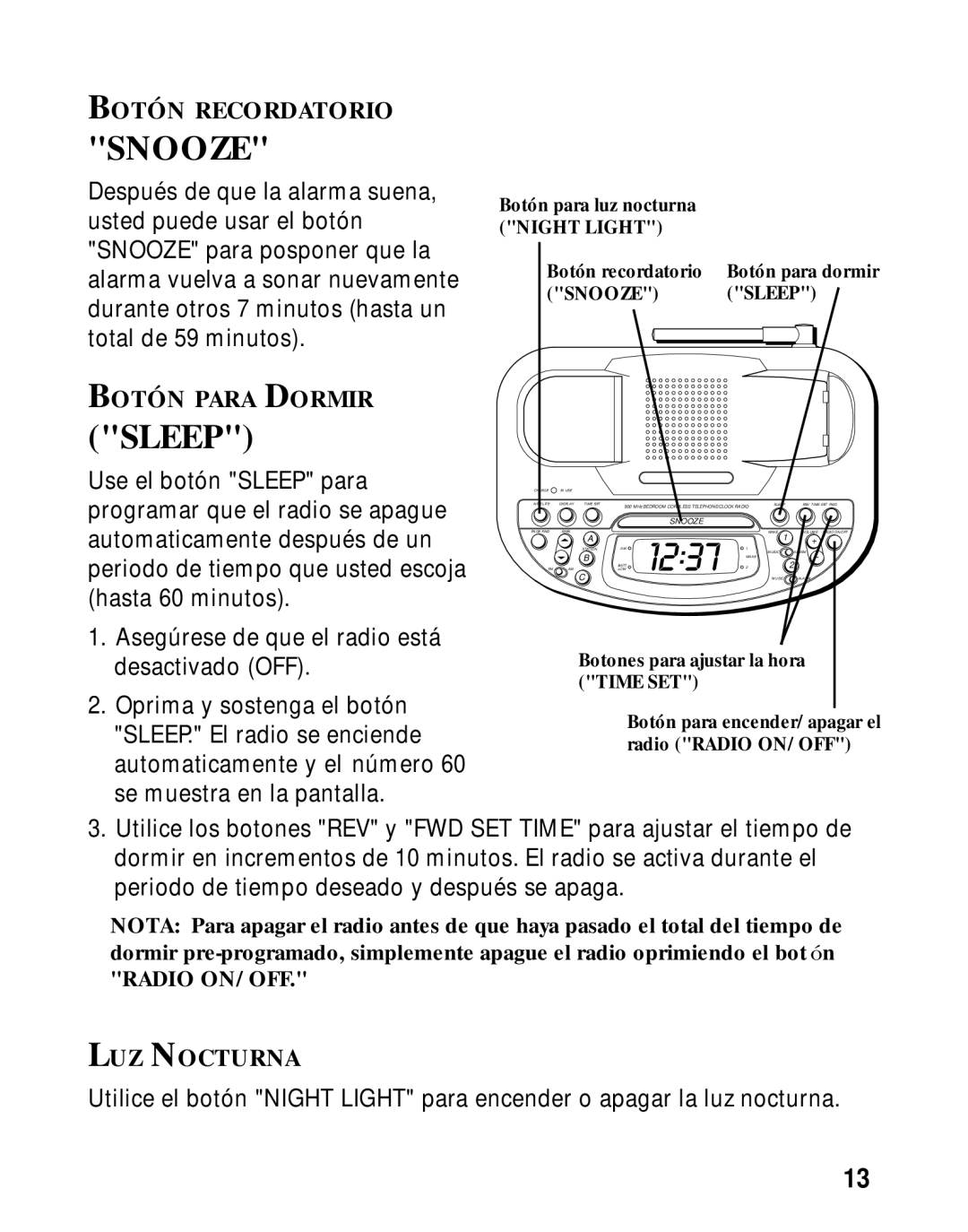 GE 26981, 26980 manual Botón Recordatorio, Botón Para Dormir, LUZ Nocturna 