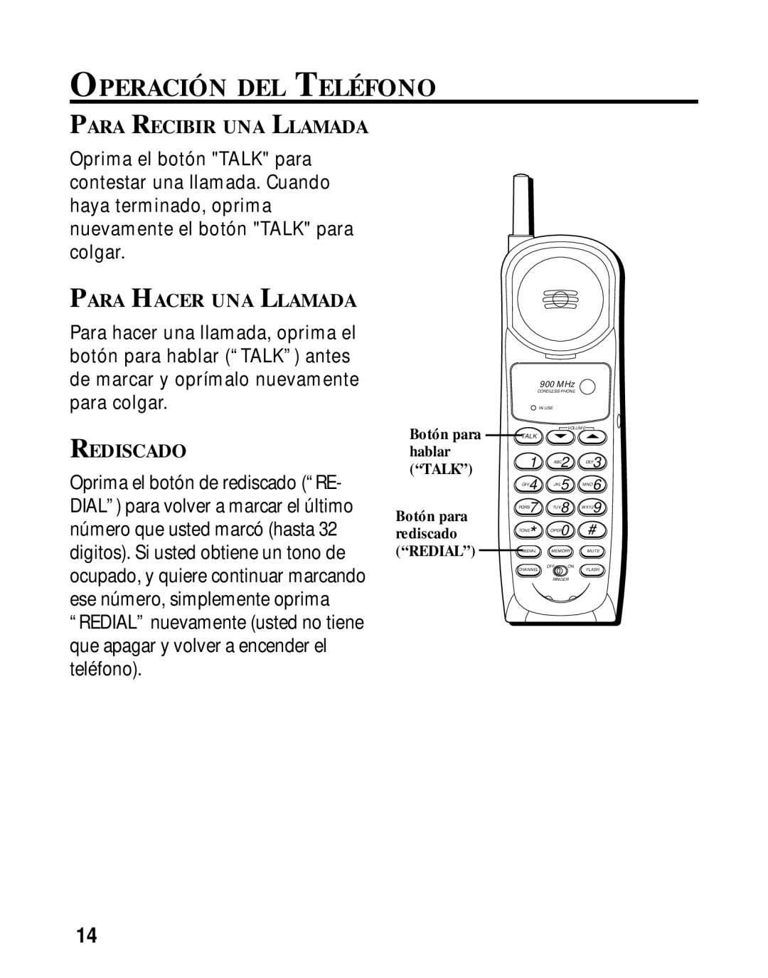 GE 26980, 26981 manual Operación DEL Teléfono, Para Recibir UNA Llamada, Para Hacer UNA Llamada, Rediscado 