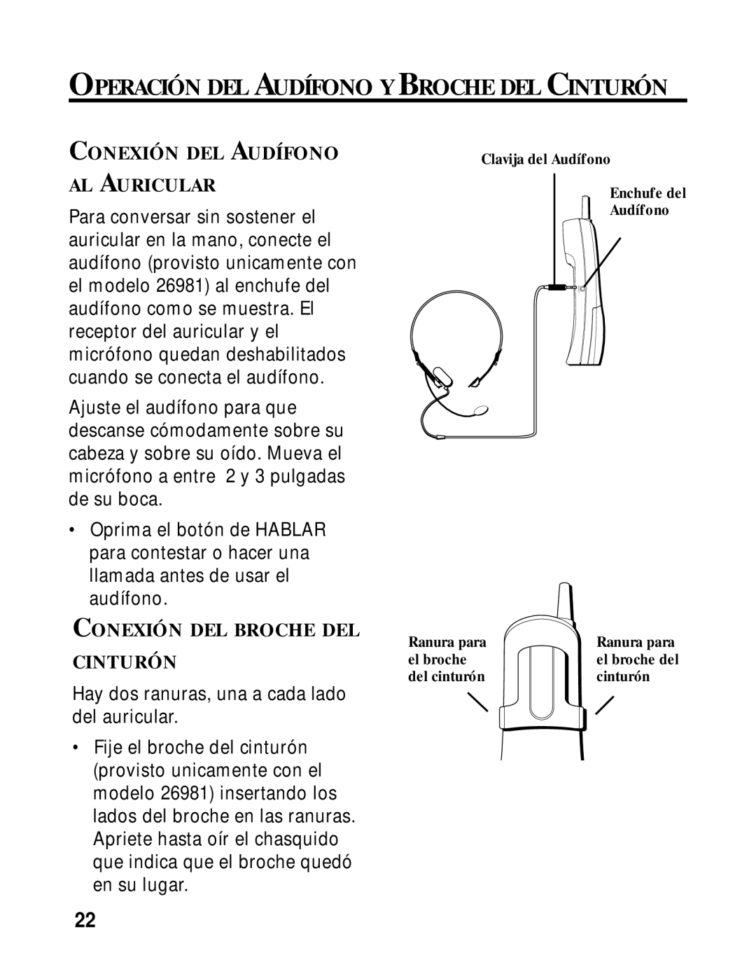 GE 26980, 26981 manual Conexión DEL Audífono AL Auricular, Conexión DEL Broche DEL Cinturón 