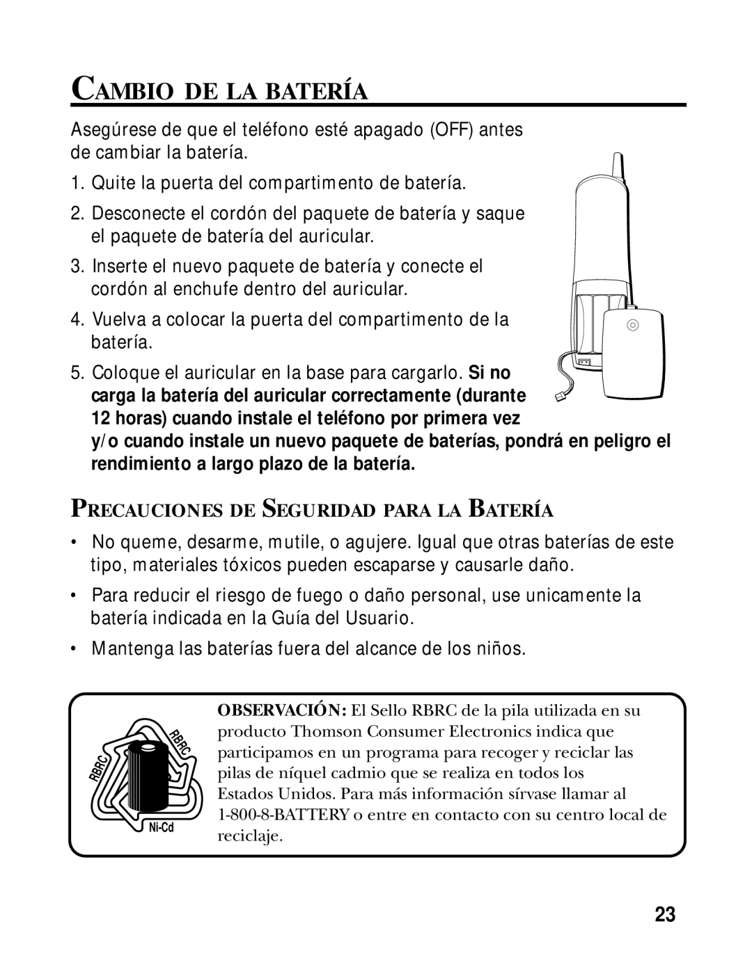 GE 26981, 26980 manual Cambio DE LA Batería, Precauciones DE Seguridad Para LA Batería 